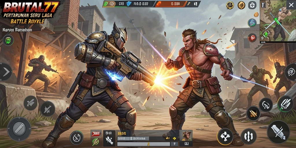 Screenshot menampilkan pertempuran intens dalam BRUTAL77.